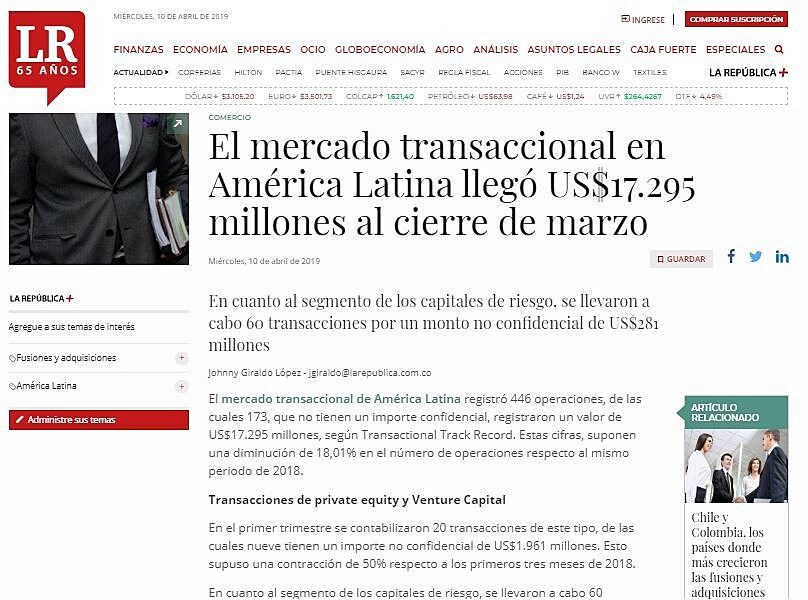 El mercado transaccional en Amrica Latina lleg US$17.295 millones al cierre de marzo